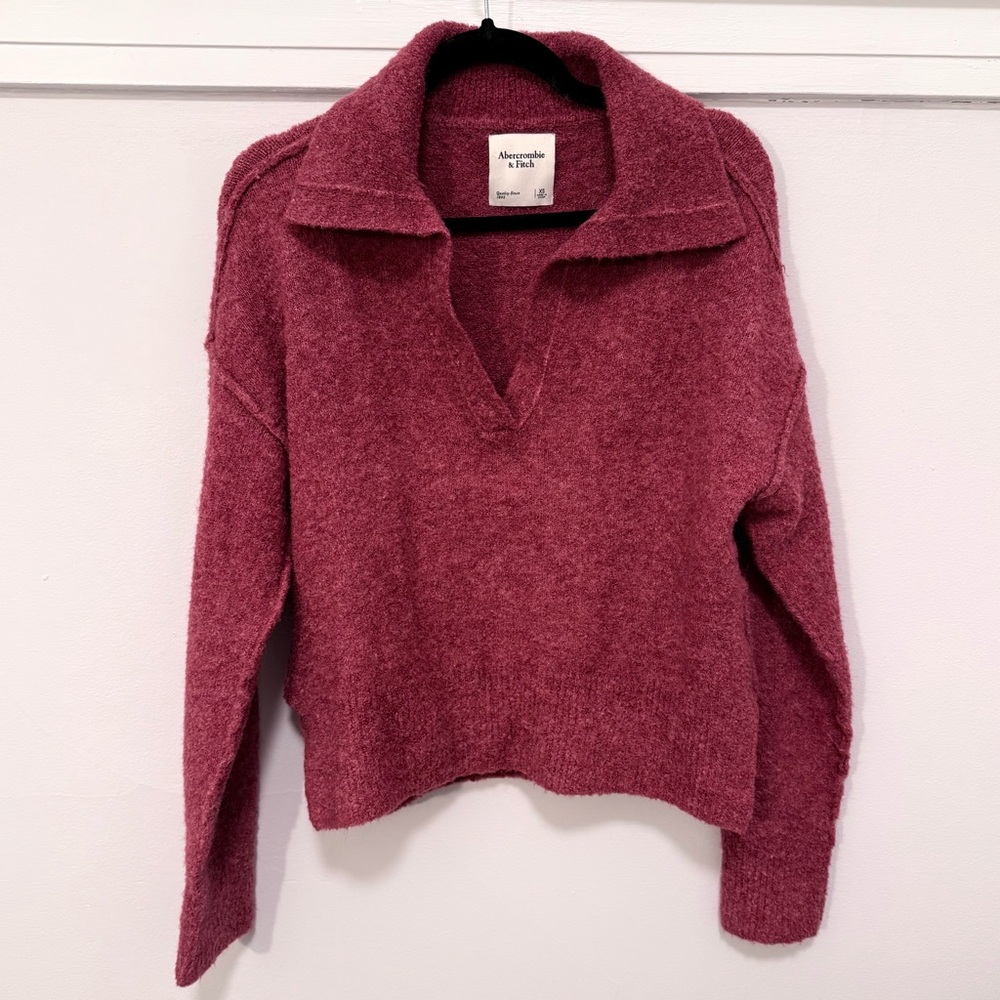 Pink Abercrombie Boucle Notch-Neck Polo Sweater